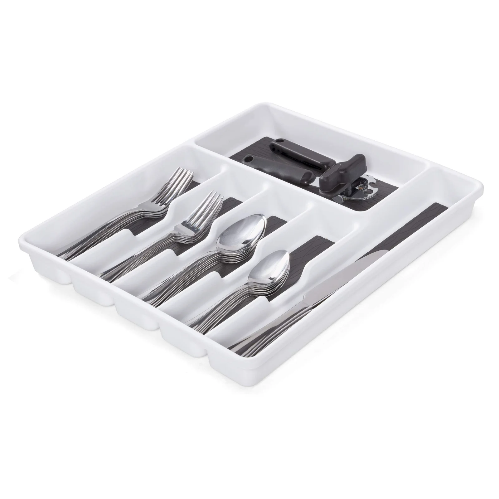 Six compartments in a drawer: forks with forks, and the whisk finally off the counter.